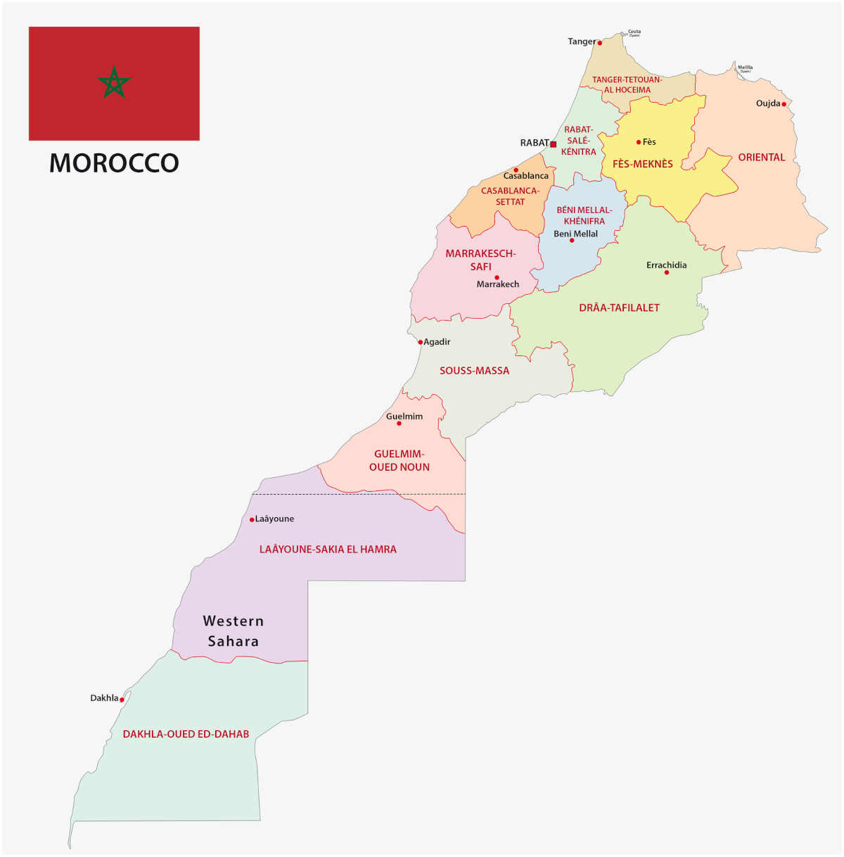 Mapa de Marruecos, pueblos y ciudades | Turismo Marruecos, image size:1200x1218